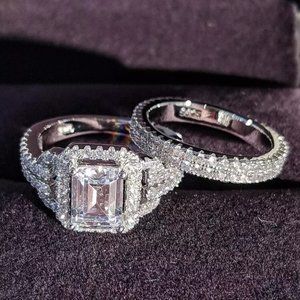 New Silver Rectangle Diamond Wedding Ring Set